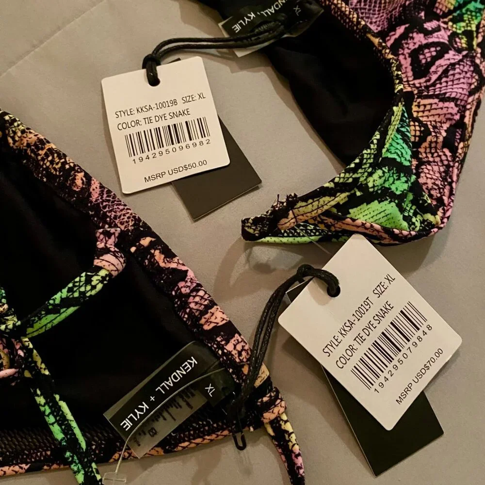 Kendall & Kylie Women's Mesh Trim Tie Dye Snake Triangle Bikini Set Size XL - Picture 5 of 5